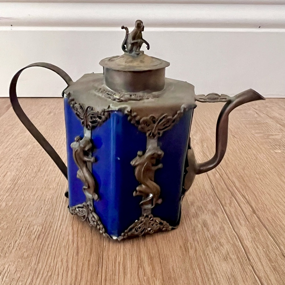 Vintage Chinese Silver Blue Enamel Ceramic Monkey Tiger Frog Tea Pot Deco Marked